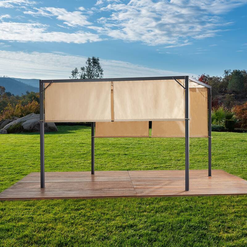 Roomfitters Steel Outdoor Pergola with Retractable Canopy, All-Weather Patio Shade for Dining and Entertaining, Beige
