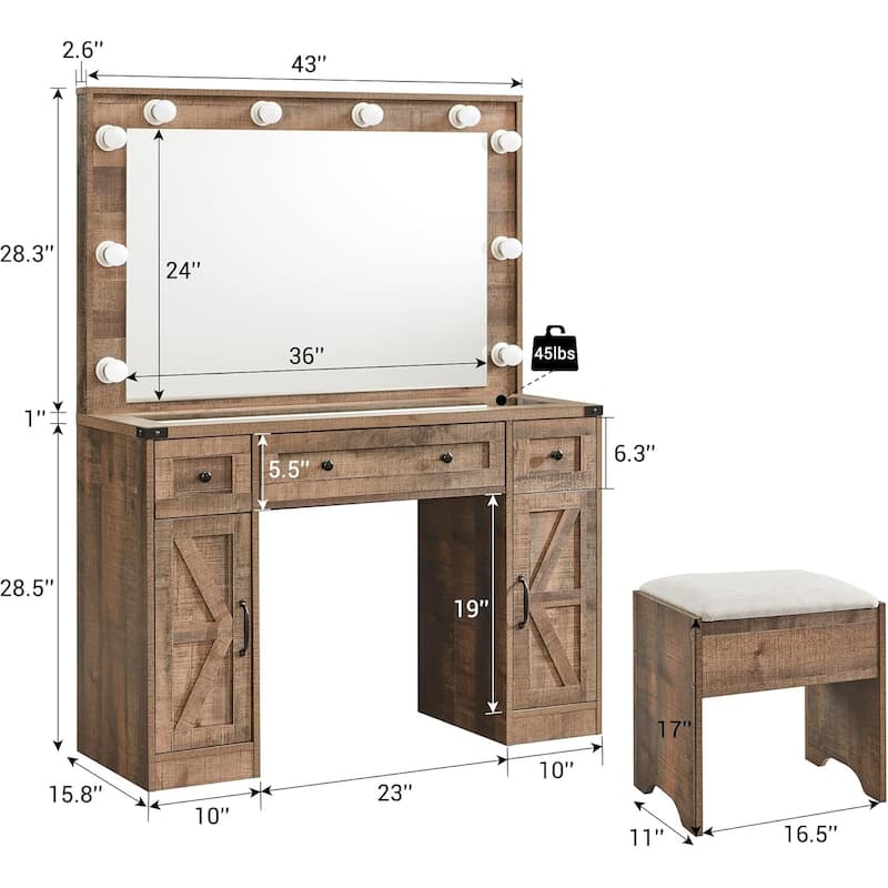 Farmhouse Vanity Desk with Mirror and Storage Space, Stool Included