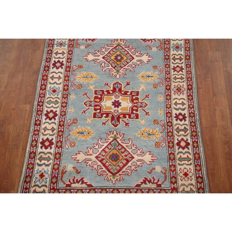Light Blue Geometric Kazak Oriental Accent Rug Handmade Wool Carpet - 3'3"x 5'1"