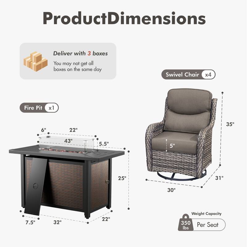 Meyreso 5-Piece Outdoor Patio Wicker Fire Pit 4 person Conversation Set with 5-Inch Thick Cushions