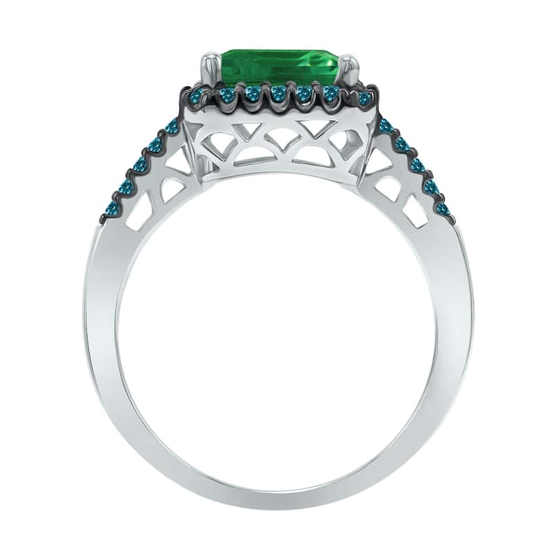 Marquee Jewels 2 1/2 Carat Emerald Cut Emerald and 1/3 CTW Blue Diamond Ring in 10K White Gold