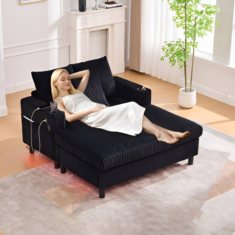 GDFStudio - UNITED WE WIN Corduroy Recliner Sofa with USB Charging, RGB LED Light Strip - Suitable for Living Room and Bedroom - Black