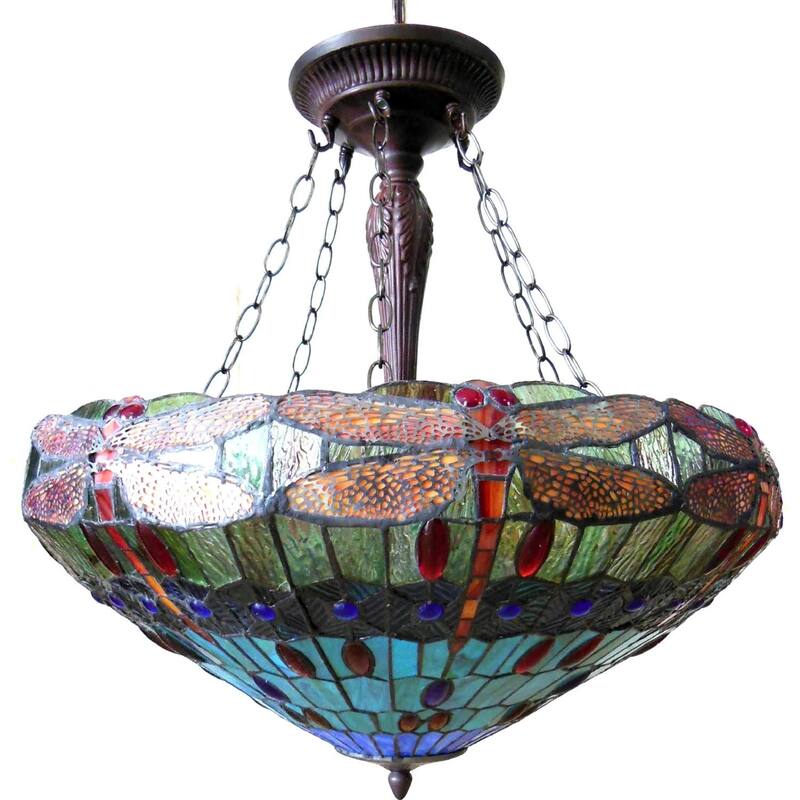 Dragonfly Pendant Light - Copper Foiled Glass Ceiling Fixture - 24 Inch Elegant Home Decor - 26