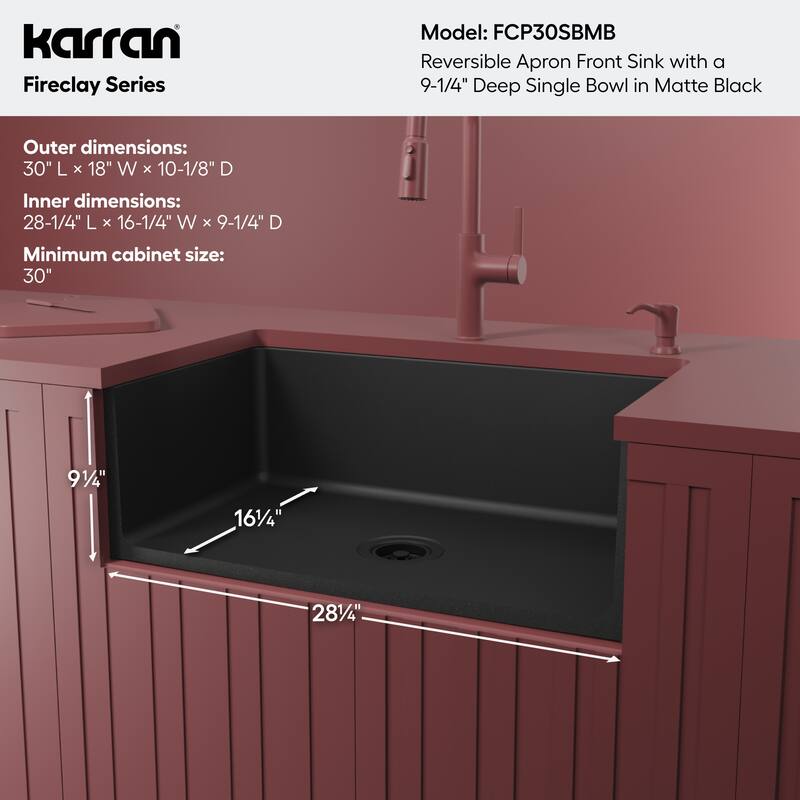 Karran 30" Single Bowl Panel Front Farmhouse Fireclay Kitchen Sink with Reversible Apron Front