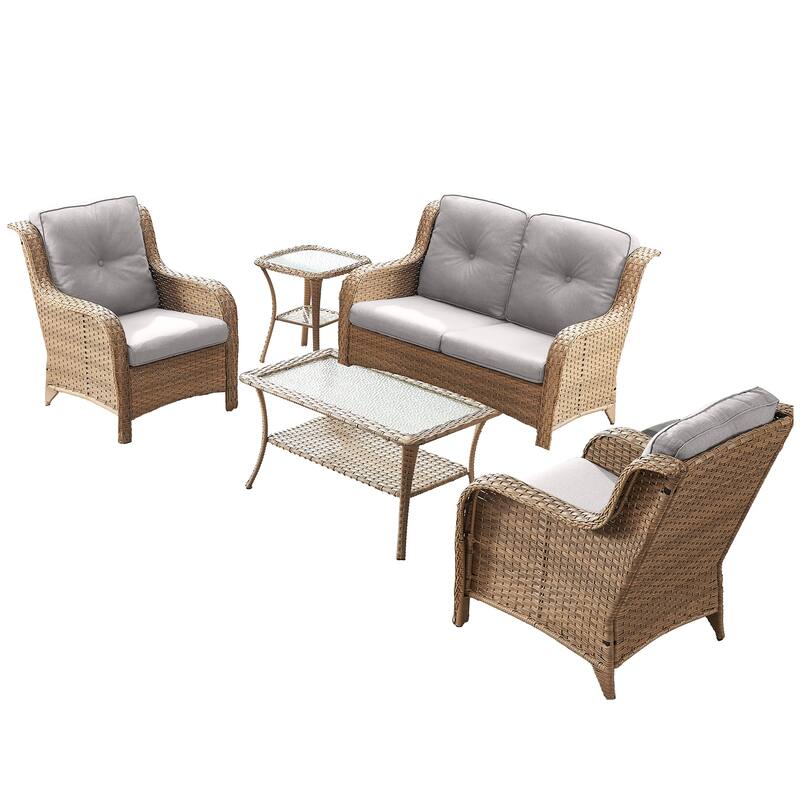 Pocassy 5 Pieces Outdoor Patio 2-Seat Sofa Chairs with Coffee Table