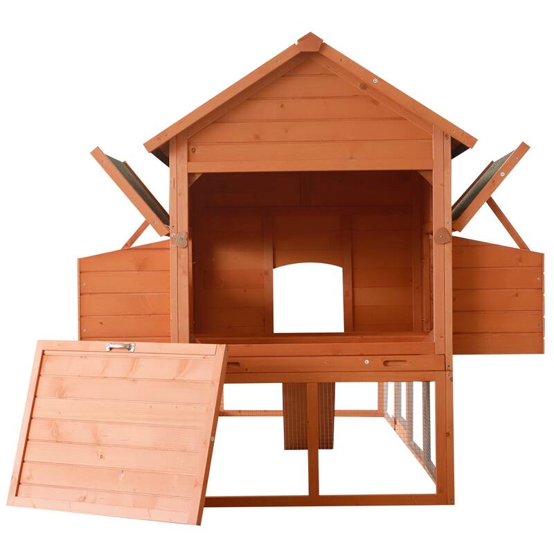 PawHut XL Solid Wood Deluxe Outdoor Lockable Chicken Coop Kit with Nesting Box and Run, Orange