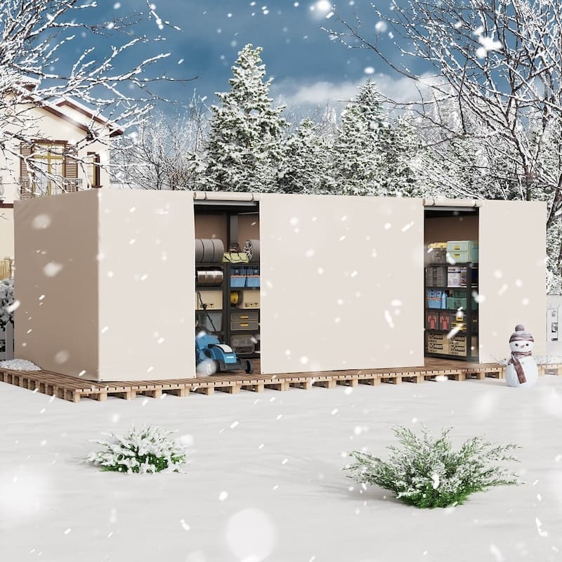 Outdoor Louvered Pergola with Optional Winter Cover Accessory | Adjustable Aluminum Hardtop Gazebo Includes Curtains & Netting - 12x24 ft - Beige Cover