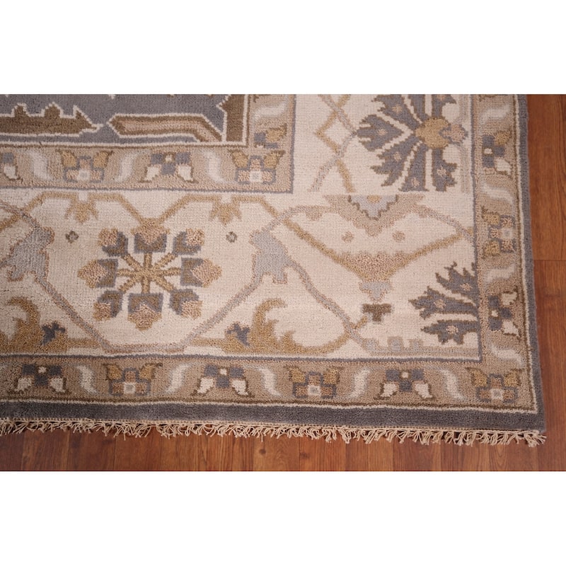 Gray Oushak Indian Rug Hand-Knotted Transitional Floral Wool Carpet - 9'1"x 11'7"