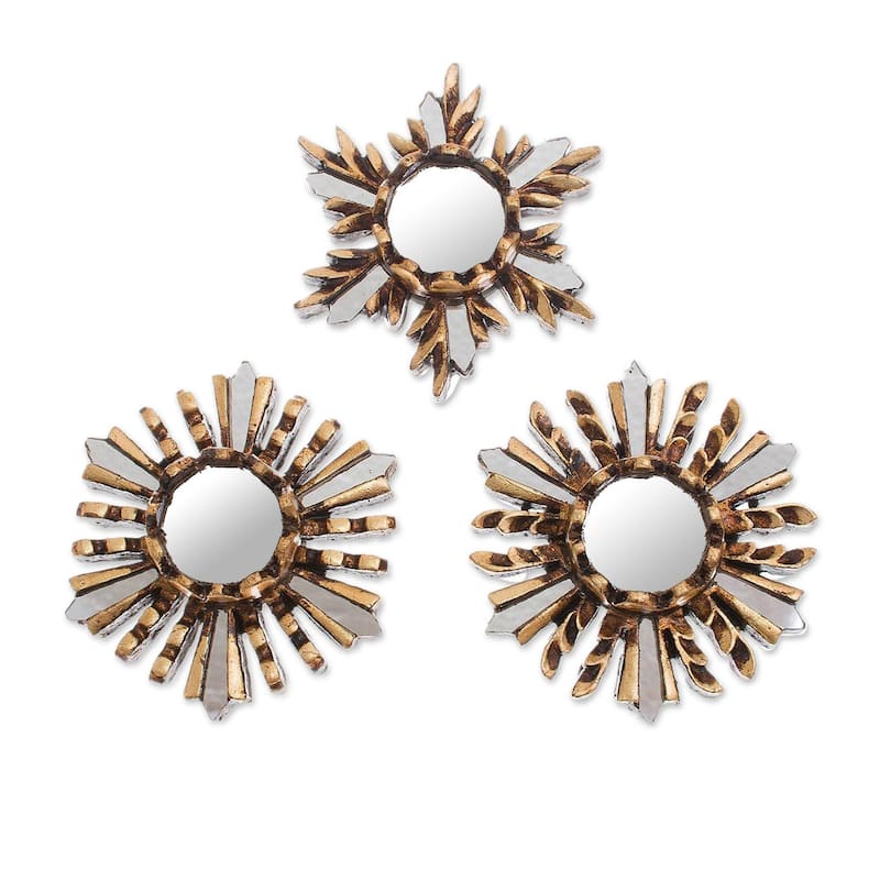 Handmade Golden Snowflakes Bronze Wall Mirrors (Set Of 3) Peru - 3.9" H x 3.9" W x 1" D