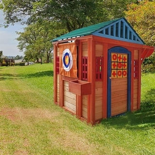 Outdoor Playhouse for Kids Pretend Play Wooden Game House with Canopy Working Door Windows Flowerpot Holder Gifts - brown