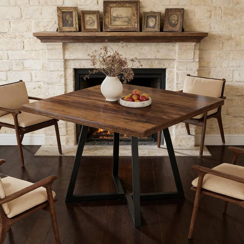 Dining Table with Cross Pedestal, Wood Kitchen Table with Metal Frame, Home Office Table for 2-4 People - Brown