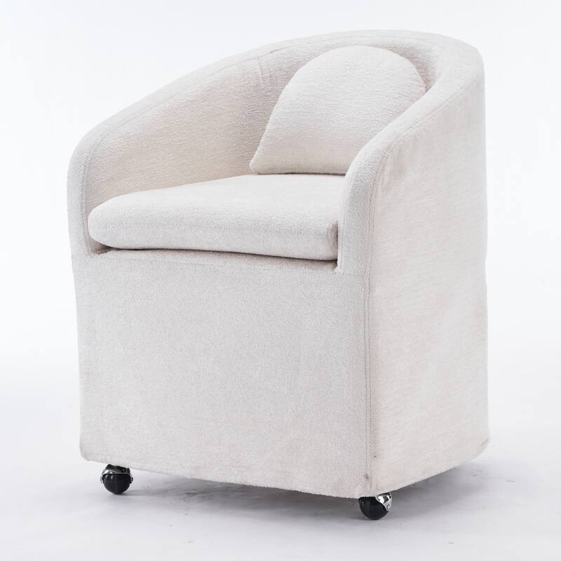 Single Chenille Fabric Dining Chair with 360° Revolving Wheels and Back Cushion - Beige
