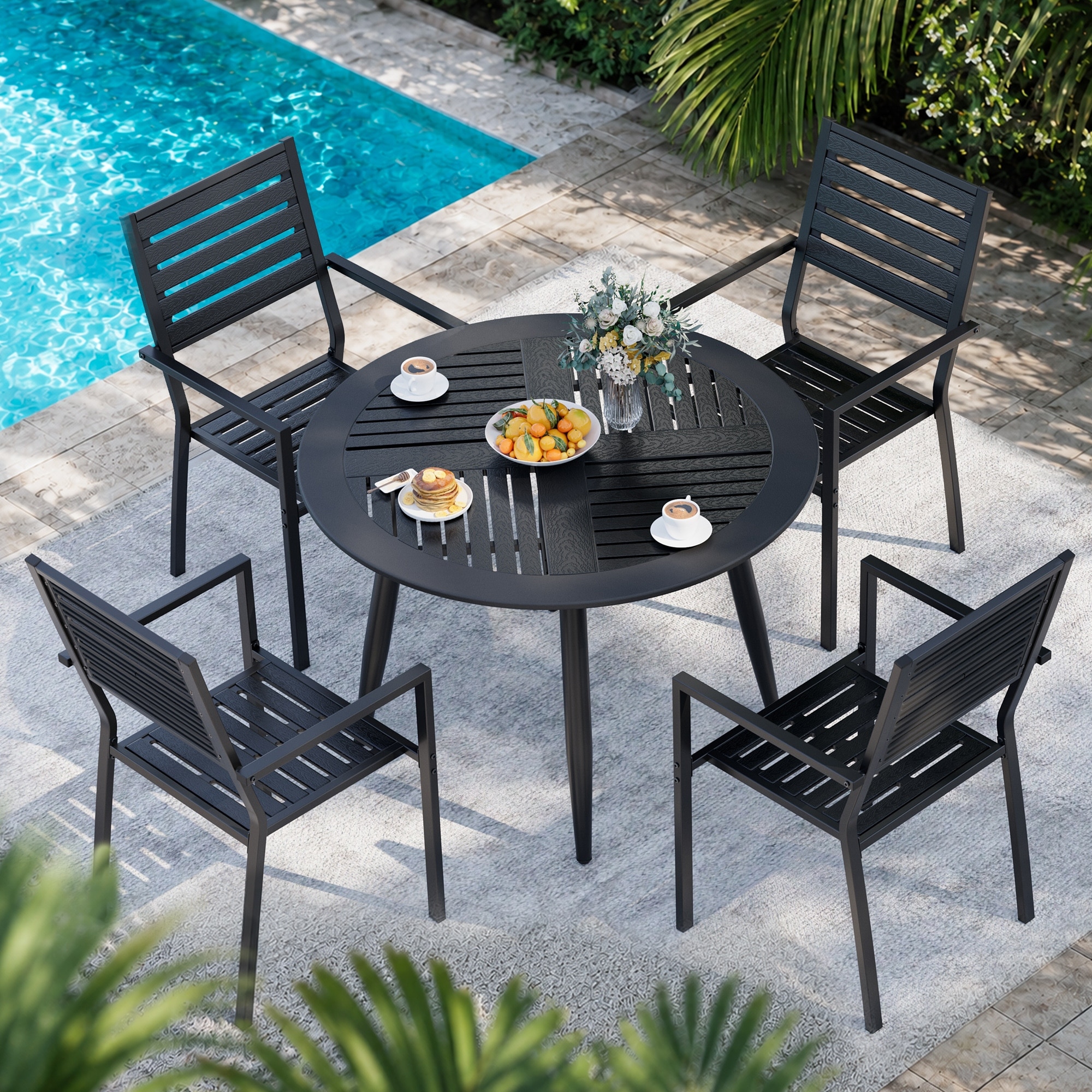 5-Piece HDPE Patio Dining Set with Round Table and 4 Chairs - N/A
