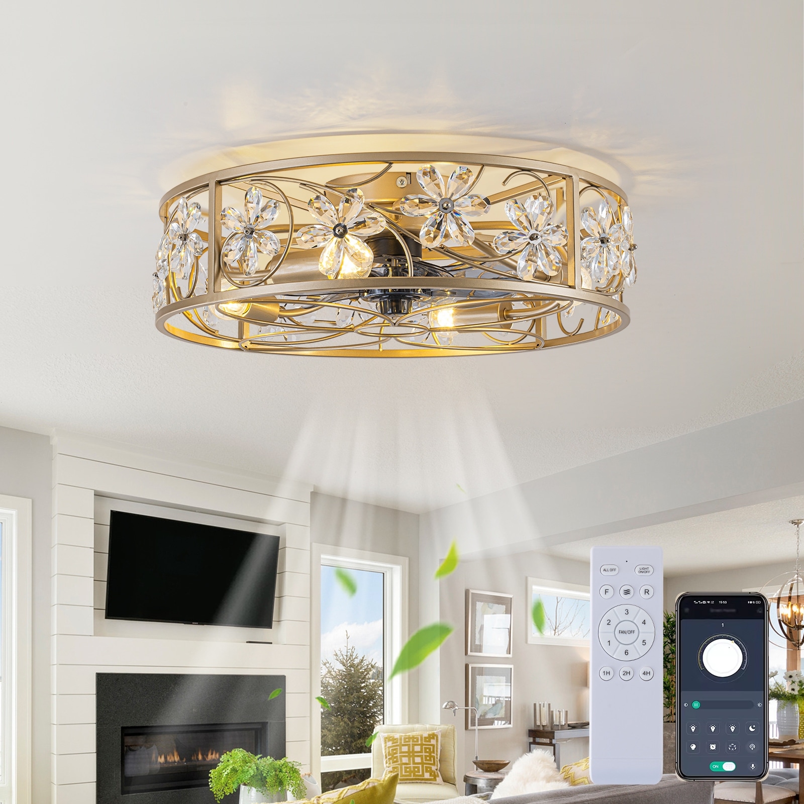 Modern Gold 4-Light Crystal Flower Flush Mount Fandelier Ceiling Fan with Light and Remote Control - 20.5" Dia × 5.9" H