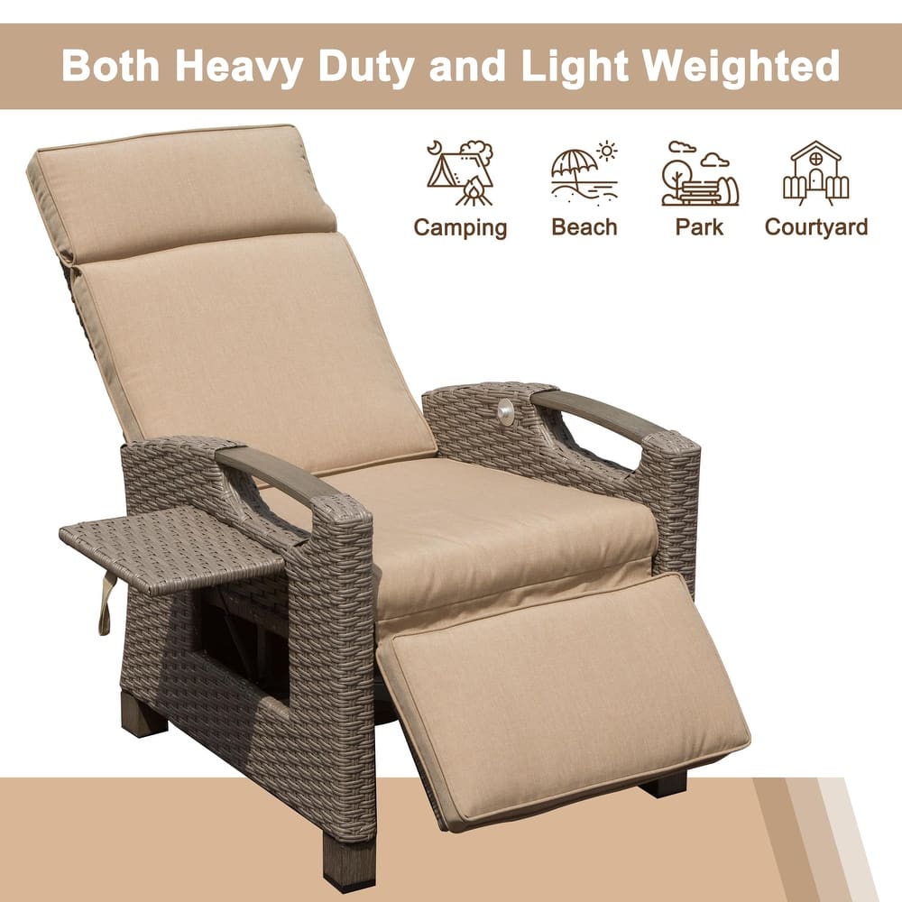 Wicker Reclining Patio Chair with Side Table, Outdoor Lounge Chair with 150掳 Infinite Recline & Removable Cushions