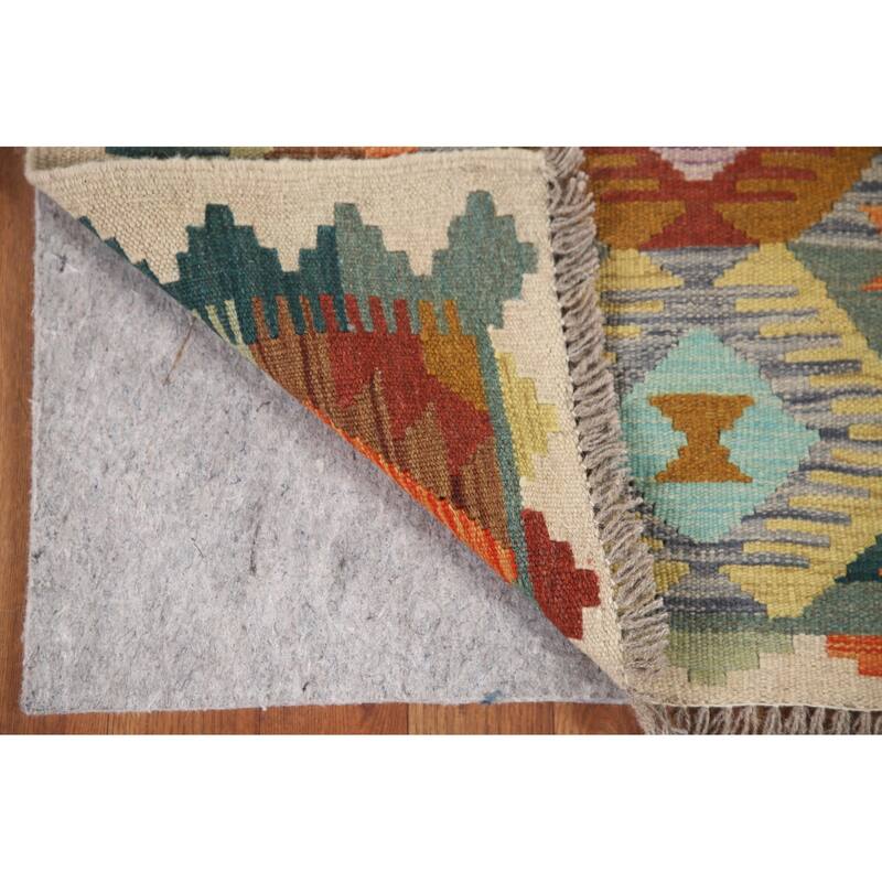 Hand Woven Oriental 100% Wool Carpet Southwestern Geometric Multi-Colored Kilim Runner Rug - 12' 3'' X 2' 9''