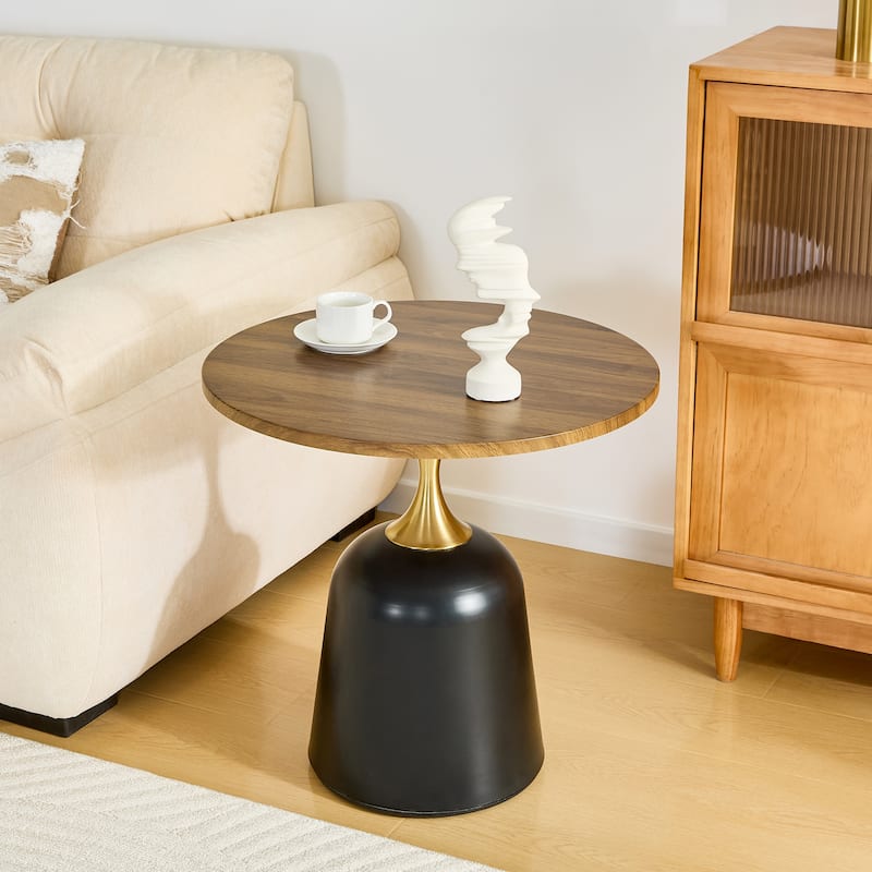 Small Circular Side Table Coffee Table, Metal Base Living Room Table, Walnut Wood Grain Minimalist Modern Decoration