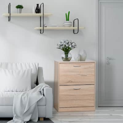 Wooden Shoe Cabinet for Entryway, White Shoe Storage Cabinet with 2 Flip Doors
