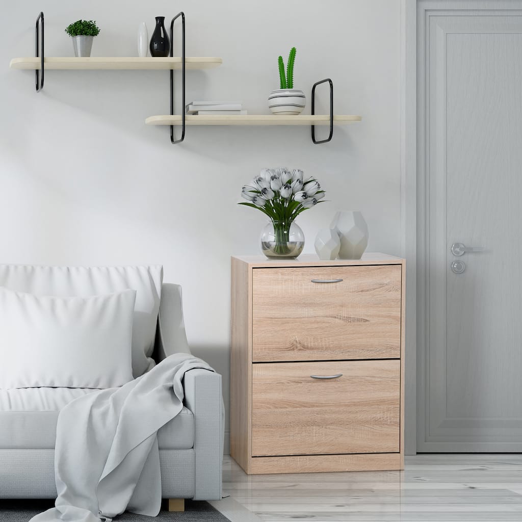 Wooden Shoe Cabinet for Entryway, White Shoe Storage Cabinet with 2 Flip Doors