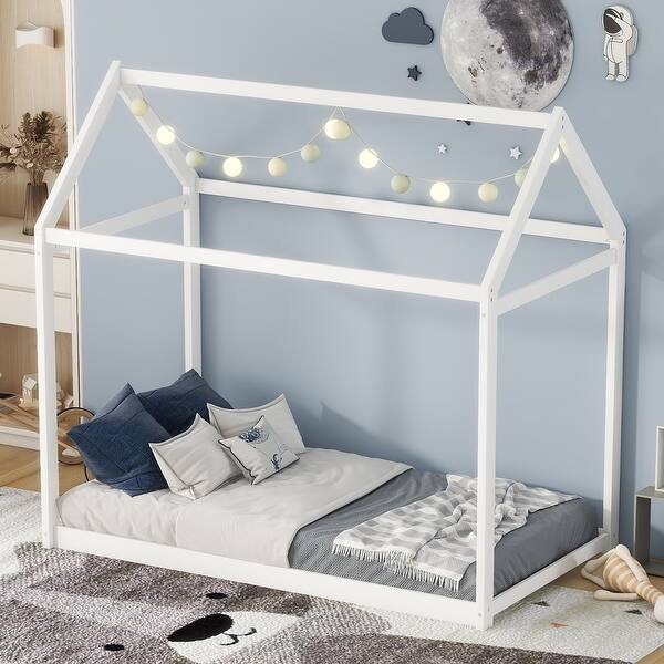 slide 2 of 9, Twin House Bed, Sturdy Pine Wood Frame, Playful Design, Easy Assembly, White White