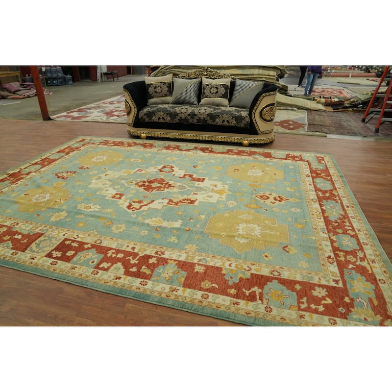 Handmade Blue Oushak Vegetable Dye Area Rug, Medallion Geometric Carpet - 13' 5'' X 10' 2''