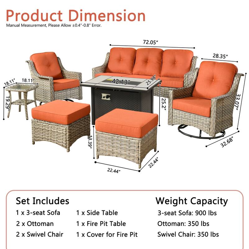 XIZZI 7-piece Patio Wicker Furniture High Back Chair Set with Firepit Table