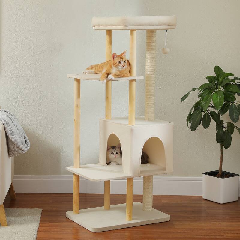 53" Modern Wooden Cat Tower for Indoor Large Cats, Multi-Level Cat Condos with Long Scratching Posts and Scraping Columns - Beige