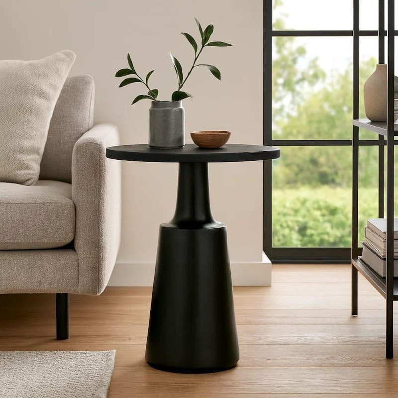 Coch 24 Inch Artisan Accent Table with Round Tabletop Tapered Base Black