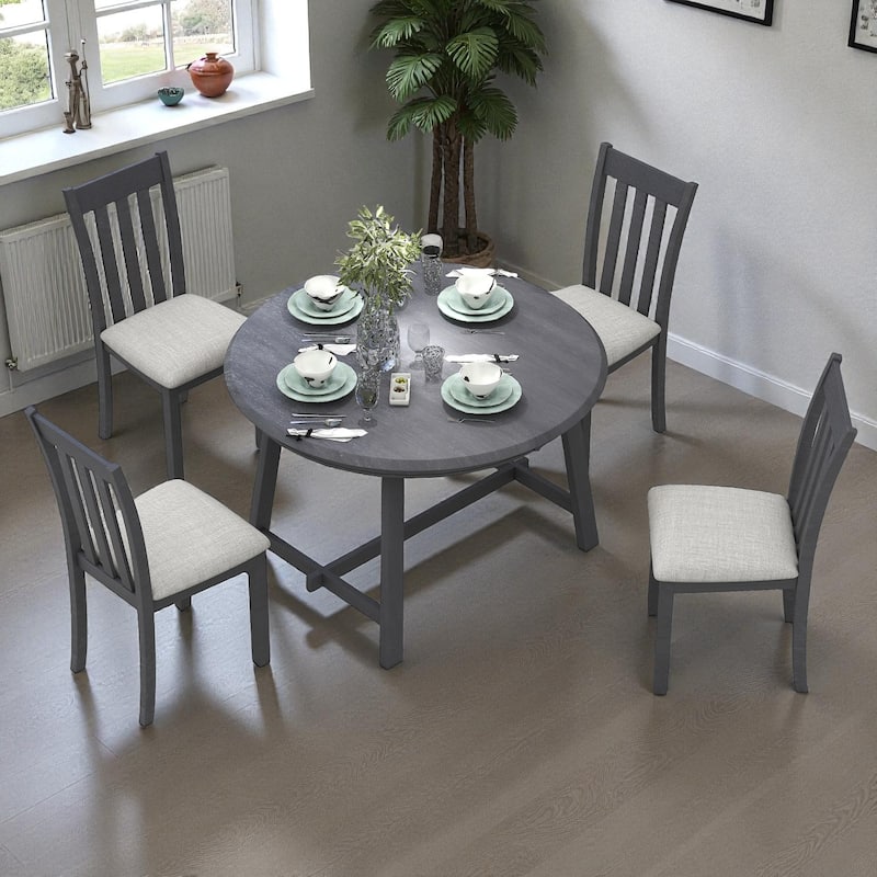 5-Piece Round Extendable Dining Table Set, 41.4"-56.6" Wood Table with 4 Upholstered Chairs for Dining Room - Grey