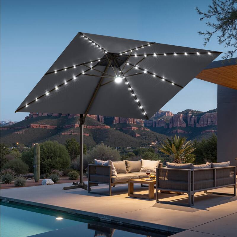 11 FT Outdoor Solar Powered LED Patio Cantilever Umbrella Double Top Square Umbrella - Dark Grey