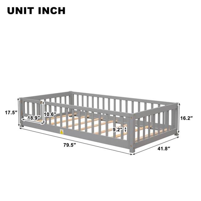 Twin/Full/Queen size Floor Platform Bed with Fence and Door for Kids, Toddlers