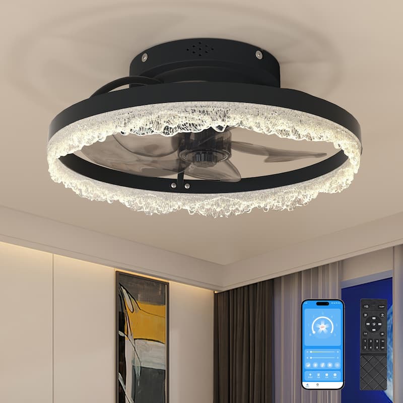 16" Decorative LED Ceiling Fan Light - Modern Flush Mount with Crystal-Inspired Acrylic Ring, Hidden Blades, Remote Control - Black
