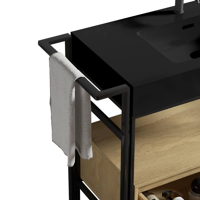 GDFStudio - Forte Industrial Metal Frame Bathroom Vanity with Artificial Stone Basin, Towel Rack & Open Storage