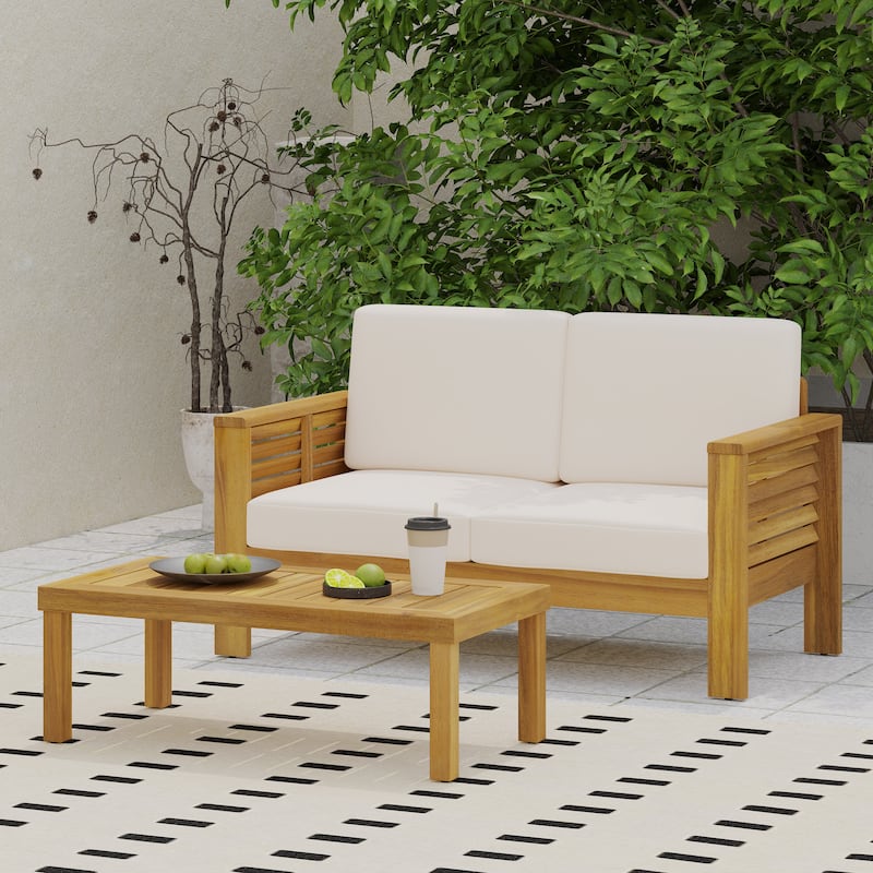2 Piece Acacia Wood Outdoor Loveseat Set with Coffee Table and Cushions