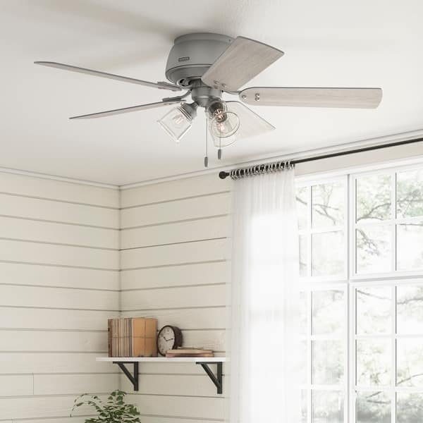 slide 2 of 17, Hunter 52" Shady Grove Ceiling Fan with LED Light Kit/ Pull Chain, Standard or Flush Mount - Casual, Transitional Flush Mount - Matte Silver