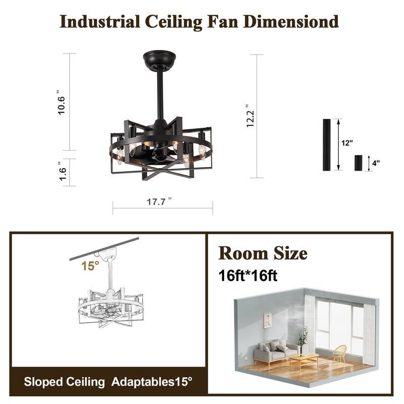 18" Industrial Metal Caged Ceiling Fan with Remote and Light Kit 6-speed Reverisble Chandelier - 17.7 Inch