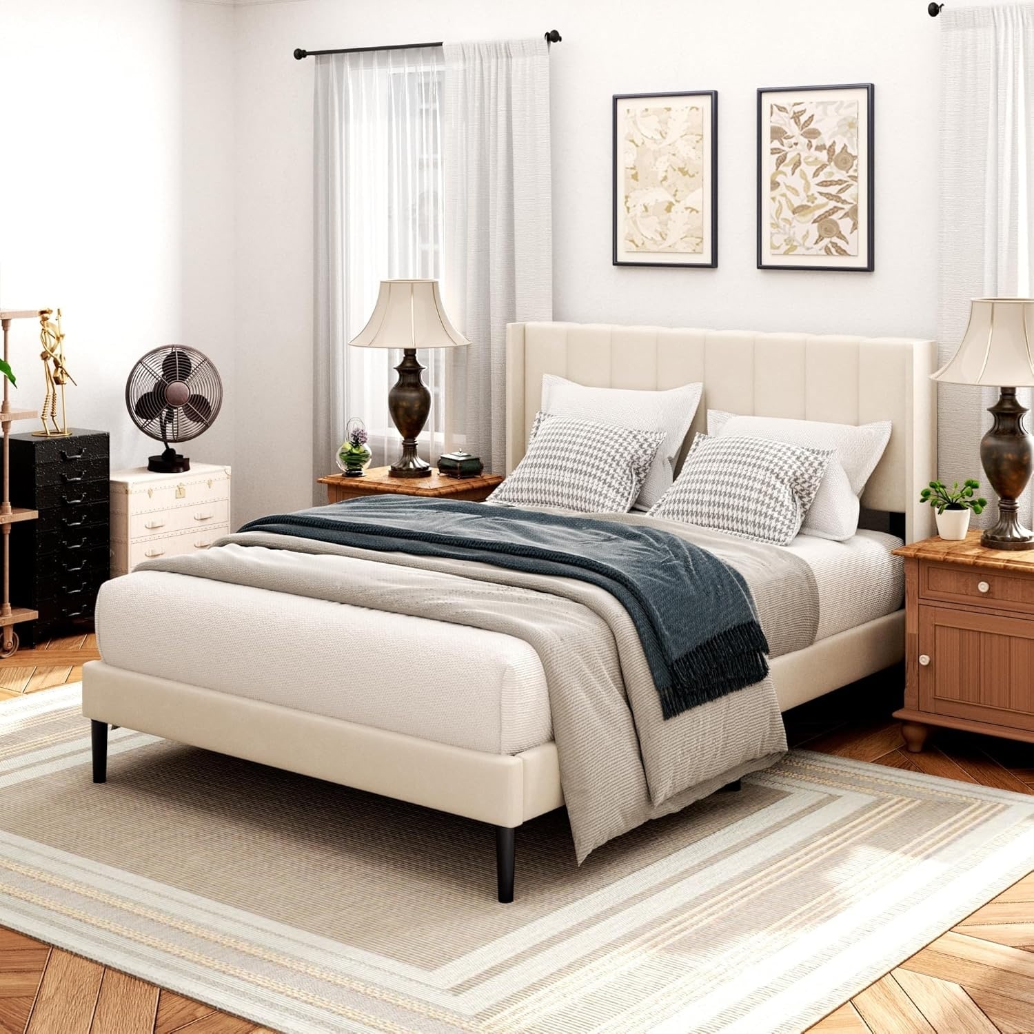 Queen Size Bed Frame with Headboard, Vertical Channel Tufted Wingback, No Box Spring Needed, Easy Assembly, Beige