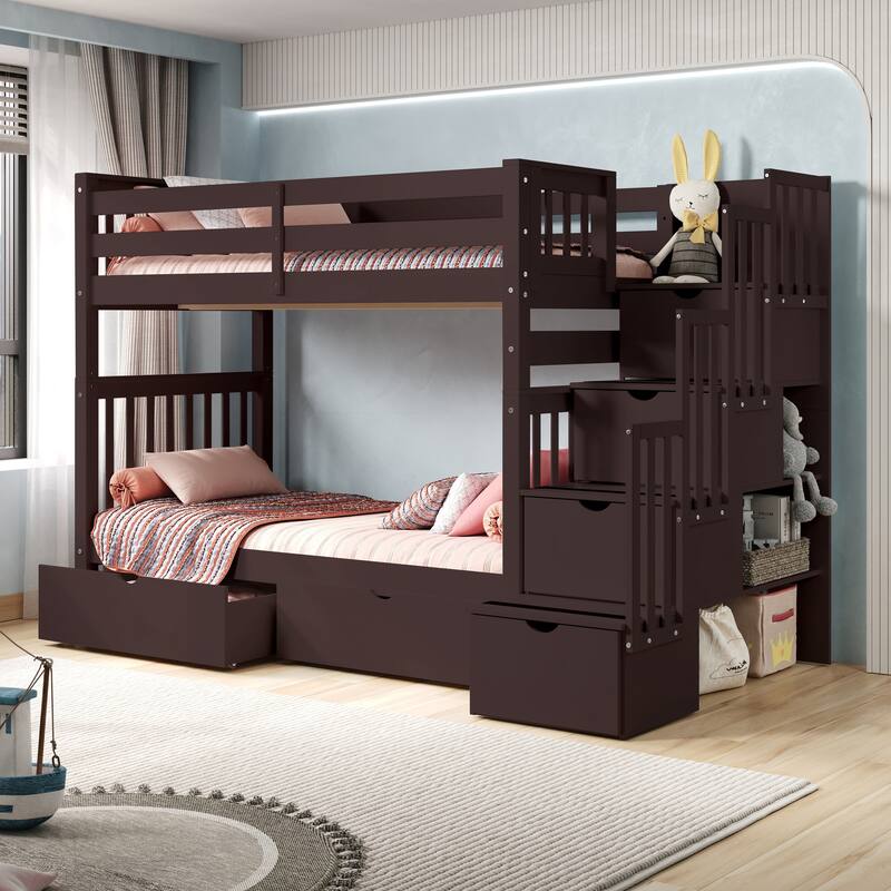 Taylor & Olive Trillium Tall Twin over Twin Stairway Bunk Bed, Drawers