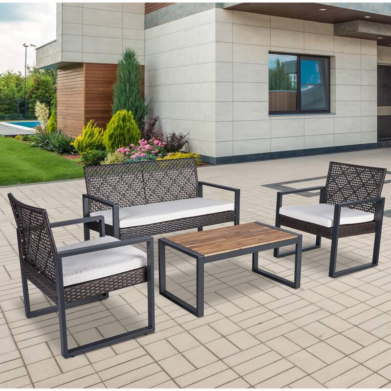 Anmytek Stylish Comfortable 4 Piece Acacia Wood Table Top Patio Furniture Set with Modern Brown Beige Cushions - Brown