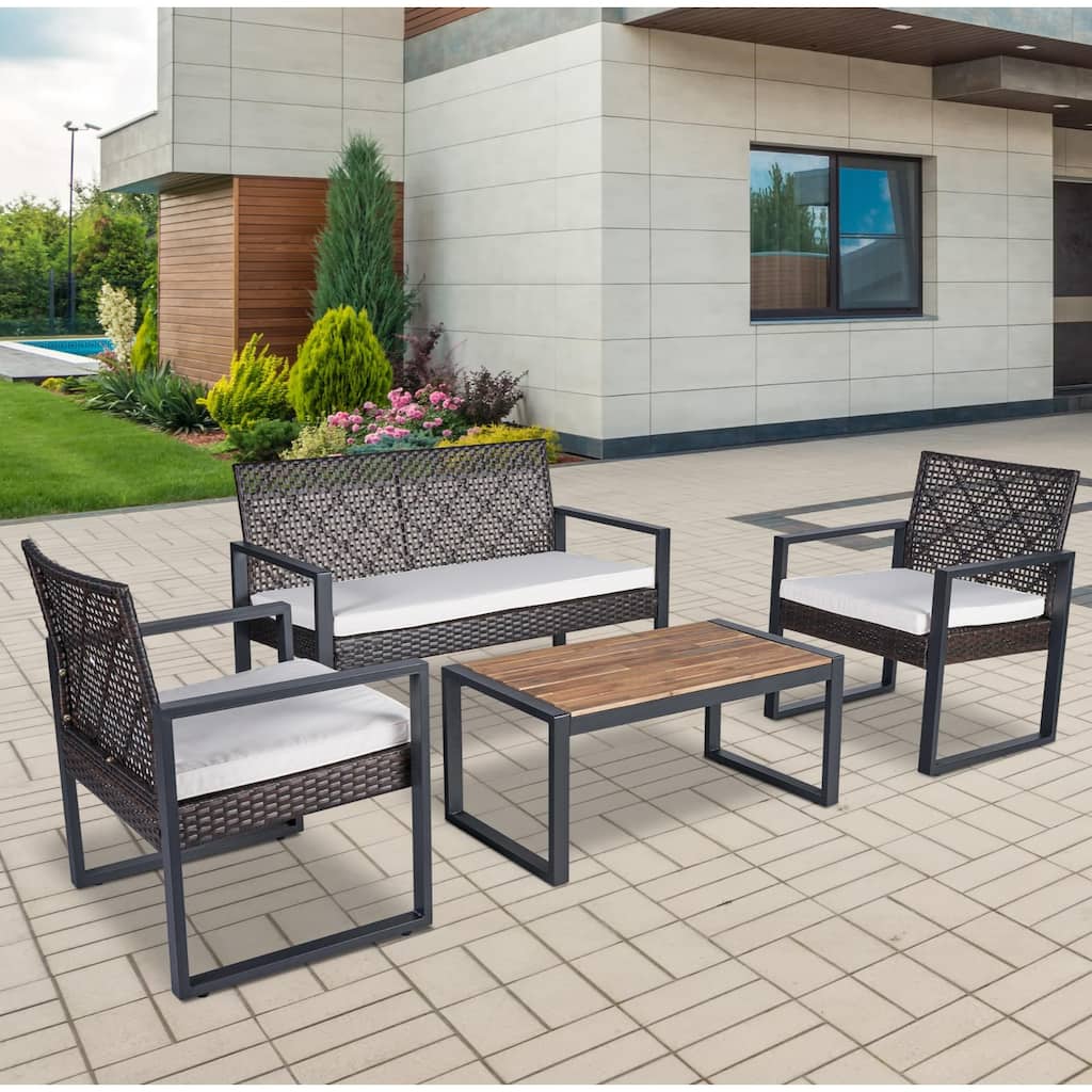 Anmytek Stylish Comfortable 4 Piece Acacia Wood Table Top Patio Furniture Set with Modern Brown Beige Cushions