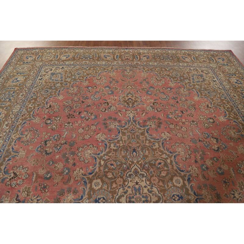 Hand Knotted Oriental 100% Wool Carpet Traditional Floral Pink Mashad Area Rug - 12' 10'' X 9' 7''