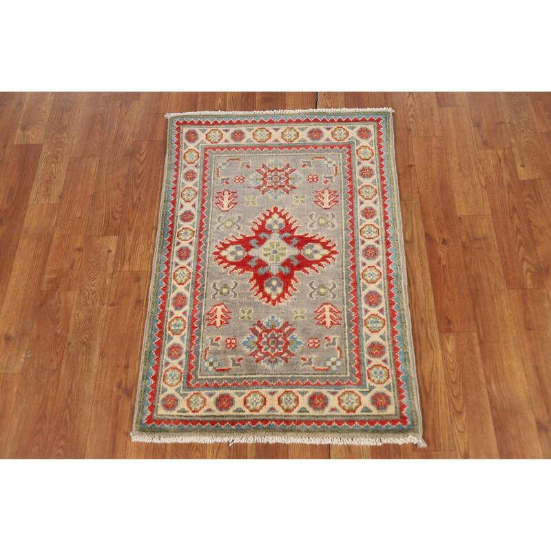 Geometric Kazak Oriental Foyer Rug Hand-Knotted Grey Wool Carpet - 2'0" x 3'0"
