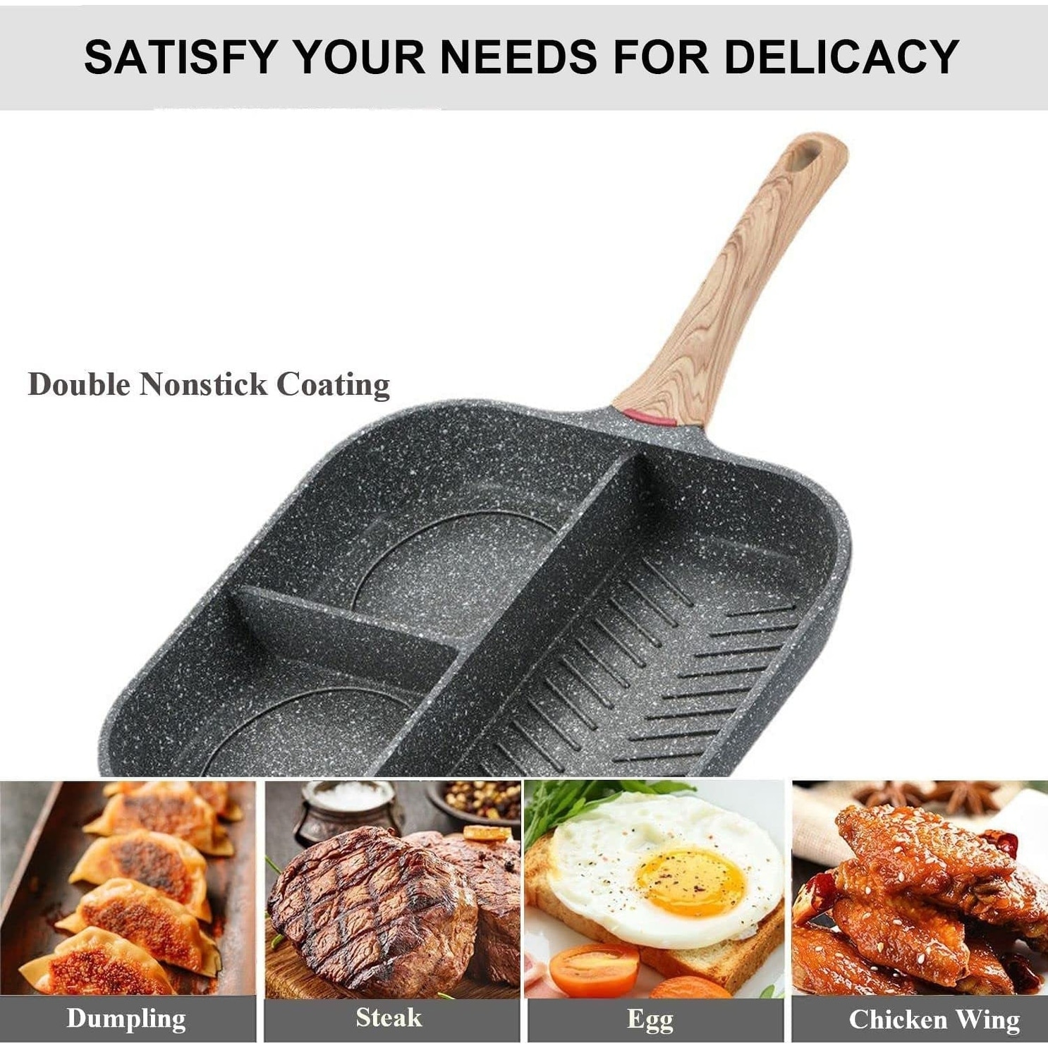 Nonstick Egg Frying Pan - 3 Section Square Grill Pan Divided