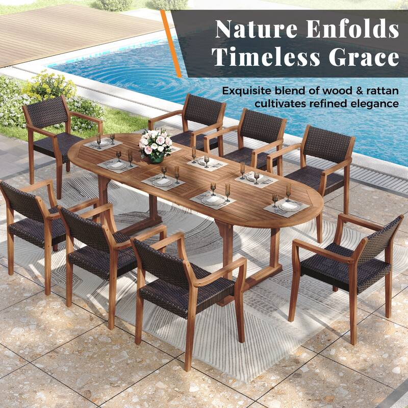 MAISON ARTS 7/9-Piece Acacia Wood Outdoor Dining Set for 6/8, Expandable Table with Wicker Chairs, Farmhouse Patio Furniture
