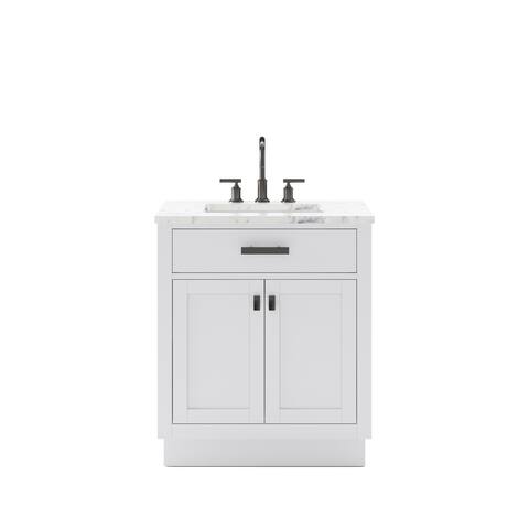 Hartford Carrara White Marble Countertop Bath Vanity in Pure White with Gooseneck Faucet
