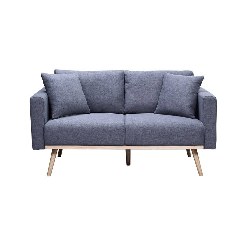 Linen Fabric Deep Seat Loveseat, Couch Settee with USB Ports and Pockets, 2 Seat Couch with Solid Wood Legs and Pillows