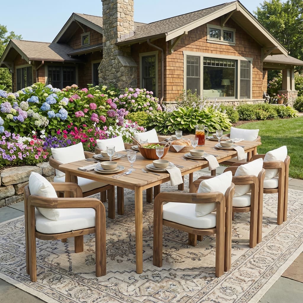 Christopher Knight Home - Calistara Modern Outdoor Acacia Wood 9-Piece Dining Set with Cushioned Curved Armrest Chairs