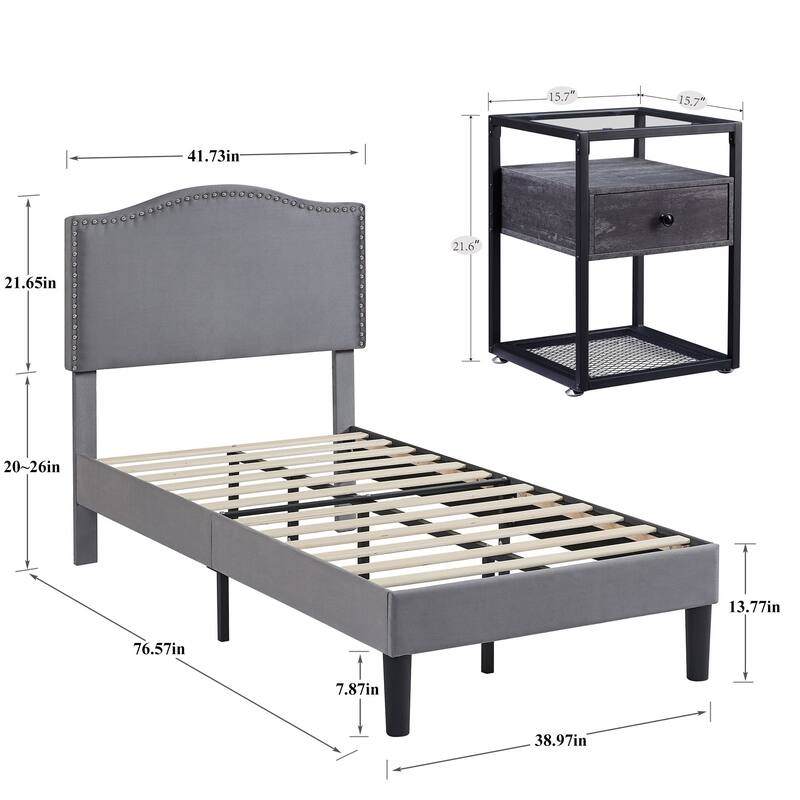 VECELO, Five Colors, 3-Pieces Upholstered Platform Bed Frame with Adjustable Headboard and Nightstands Set of 2