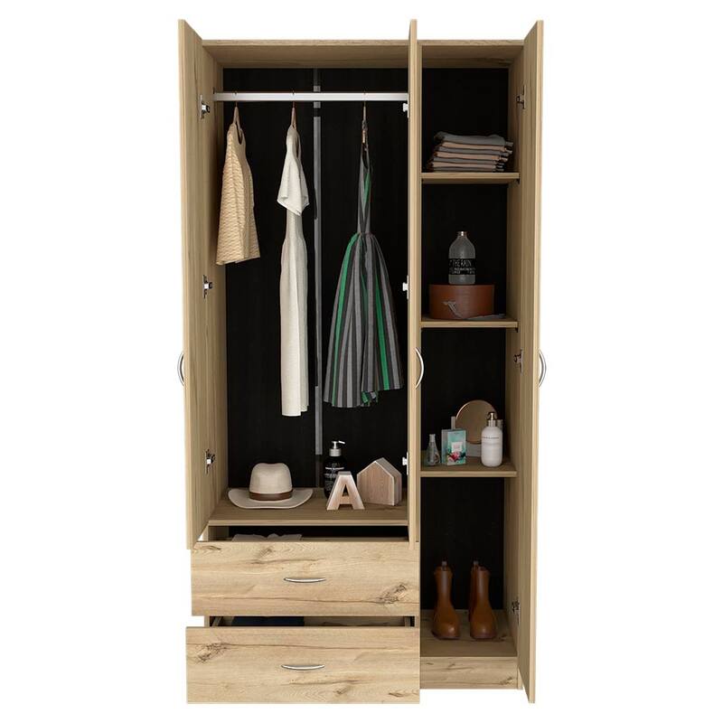 35.4" Modern Three-door Armoire with Drawers, Shelves and Hanging Rod for Bedroom