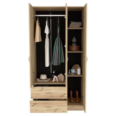 Versatile 3-Doors Armoire with 5 Differently Sized Shelves and Hanging Rod & 2 Drawers 20-Inch Wide for Bedroom, Natural